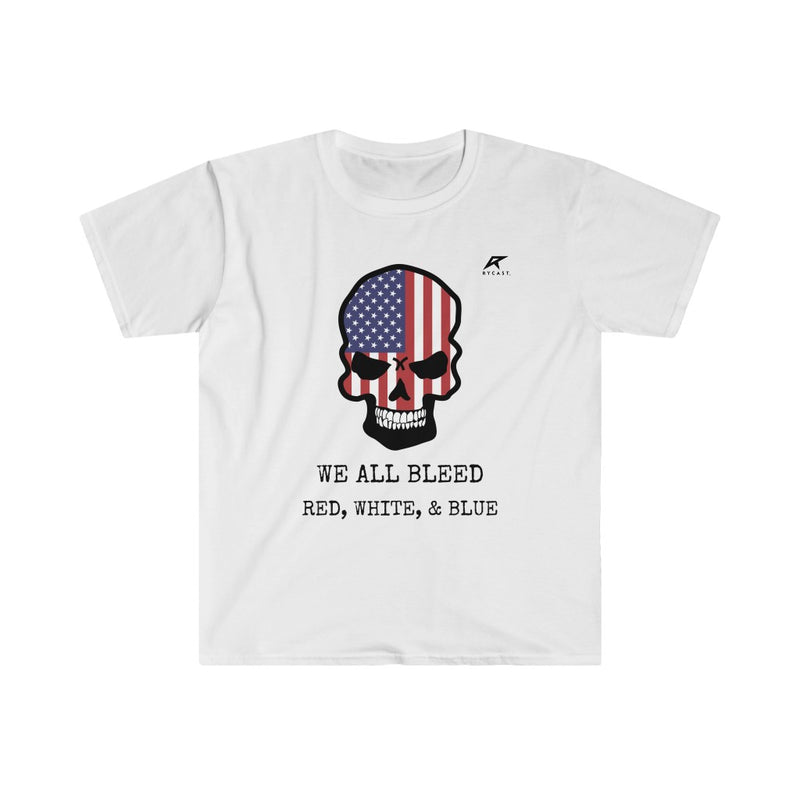 Load image into Gallery viewer, WE ALL BLEED RED, WHITE, AND BLUE Unisex Softstyle T-Shirt
