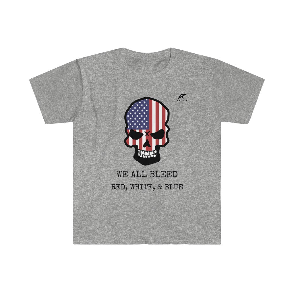 WE ALL BLEED RED, WHITE, AND BLUE Unisex Softstyle T-Shirt